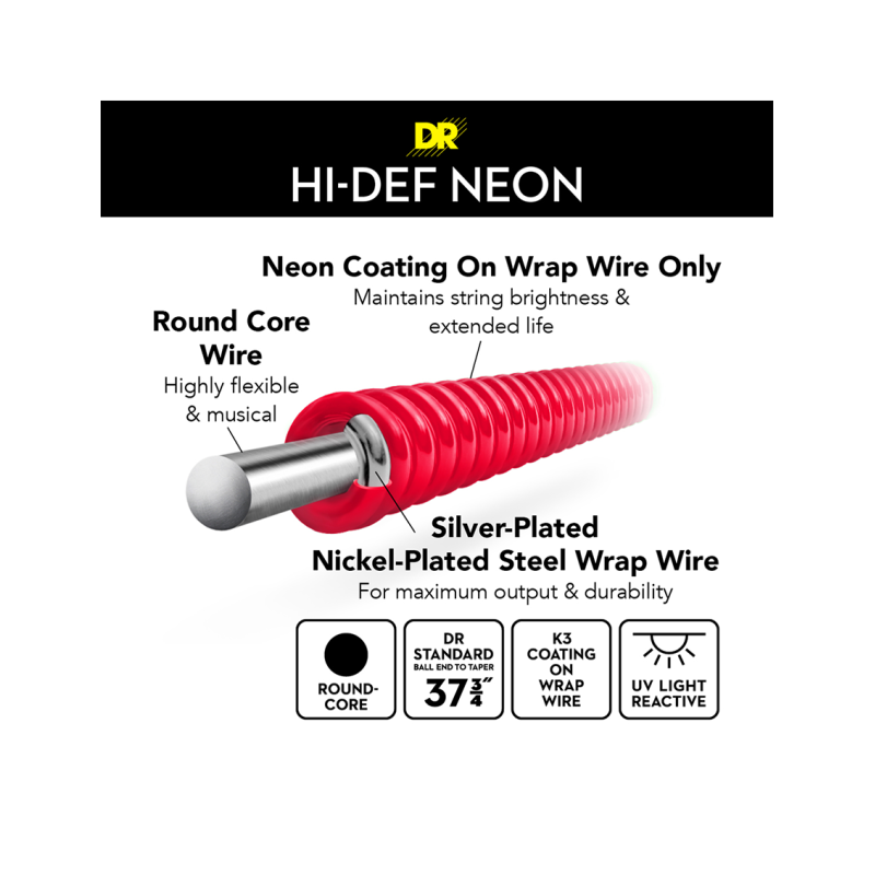 DR HI-DEF NEON™ Red 45-125 Cuerdas Bajo Eléctrico 5 Cuerdas Medium | Rojo