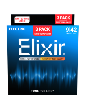 Elixir® 16566 9-42 3 Pack Cuerdas Guitarra Eléctrica Super Light NANOWEB®