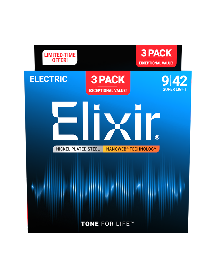 Elixir® 16566 9-42 3 Pack Cuerdas Guitarra Eléctrica Super Light NANOWEB®