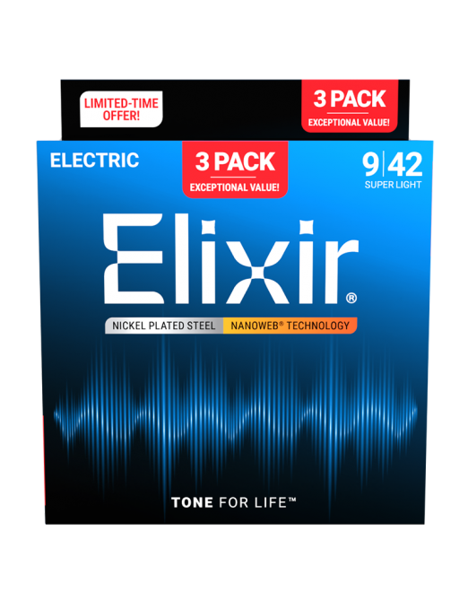 Elixir® 16566 9-42 3 Pack Cuerdas Guitarra Eléctrica Super Light NANOWEB®