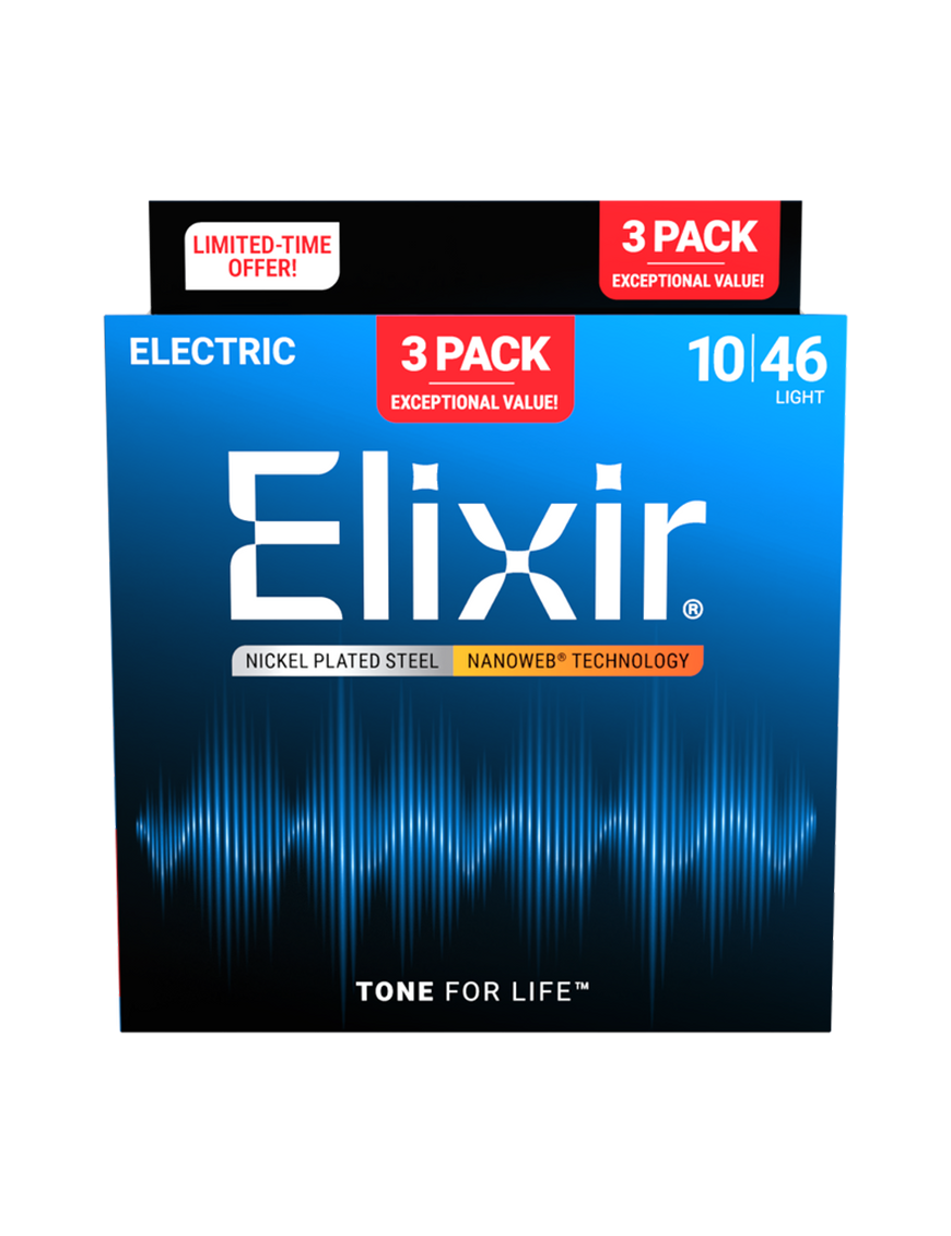 Elixir® 16542 10-46 3 Pack Cuerdas Guitarra Eléctrica Recubierta Light NANOWEB®