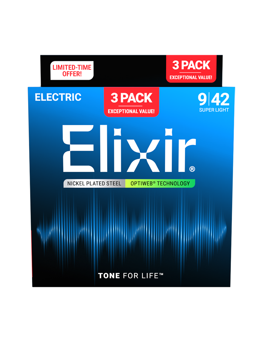 Elixir® 16571 9-42 OPTIWEB® 3Pack Cuerdas Guitarra Eléctrica Recubiertas Super Light Nickel Plated Steel