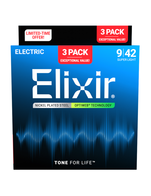Elixir® 16571 9-42 OPTIWEB® 3Pack Cuerdas Guitarra Eléctrica Recubiertas Super Light Nickel Plated Steel