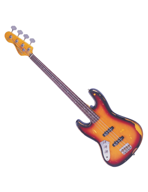 Vintage® V74 Gastado Bajo Eléctrico Zurdo Fretless JB Sunburst