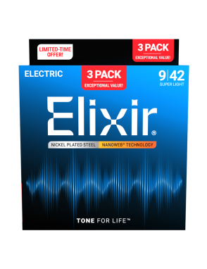 Elixir® 16540 9-42 NANOWEB® 3 Pack Cuerdas Guitarra Eléctrica Super Light Nickel Plated Steel