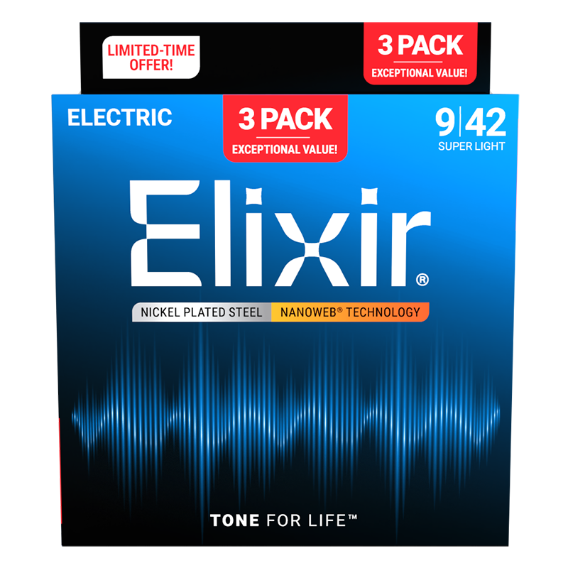 Elixir® 16540 9-42 NANOWEB® 3 Pack Cuerdas Guitarra Eléctrica Super Light Nickel Plated Steel