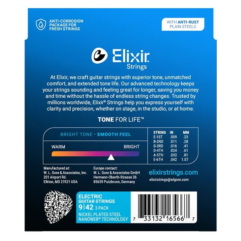 Elixir® 16566 9-42 NANOWEB® 3Pack Cuerdas Guitarra Eléctrica Super Light Nickel Plated Steel
